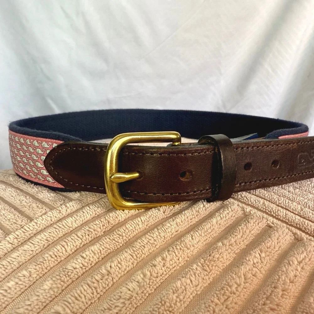Vineyard Vines Preppy Pink Whale Print Leather Trim Belt Solid Brass Buckle S 26